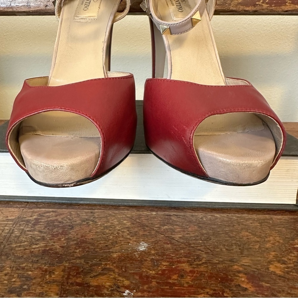 Valentino Rockstud Open Toe Pumps Heels Stiletto Ankle Straps Red Leather - Picture 7 of 16